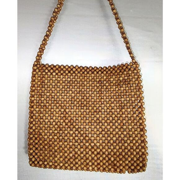 EXP - Brown Wood Round Beaded Purse with Beaded Strap - Picture 1 of 6